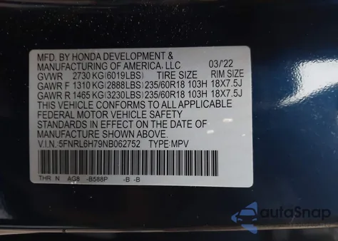 2022 Honda Odyssey Ex-L из США, поврежденный, VIN 5FNRL6H79NB062752